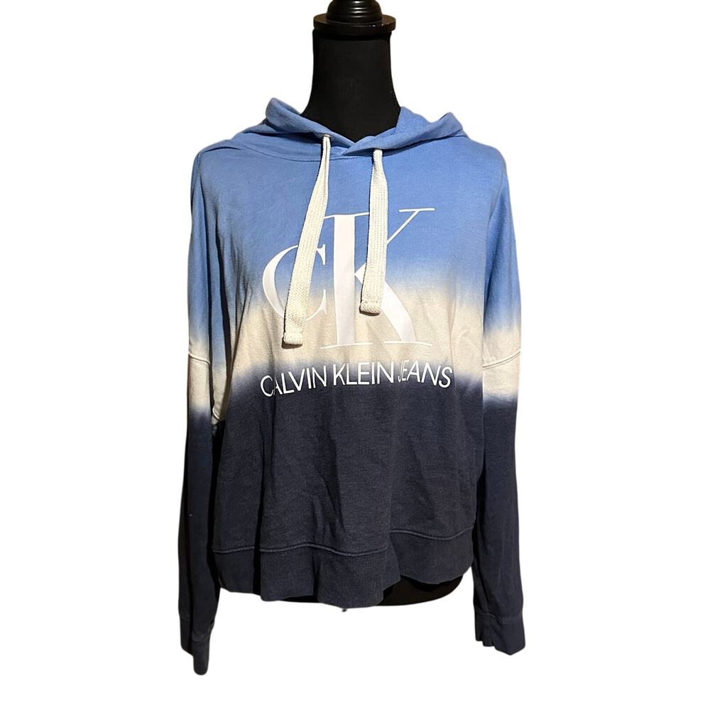 Calvin Klein Jeans Womens XL Blue Navy Dip-Dye Ombré Logo Pullover Hoodie
